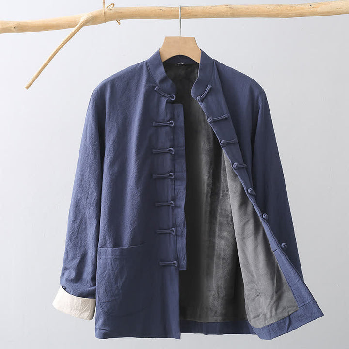 Buddha Stones Fall Casual Tang Style Mandarin Collar Frog Button Solid Fleece-lined Cotton Linen Men's Jacket With Pocket - MidnightBlue - US/UK/AU46，EU56 (5XL) - image 9
