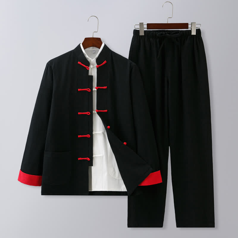 Buddha Stones Fall Winter Tang Style Meditation Mandarin Collar Frog Button Solid Cotton Linen Men's Meditation Cloth Set - Black Red Buttons - US/UK/AU46，EU56 (5XL) - image 9