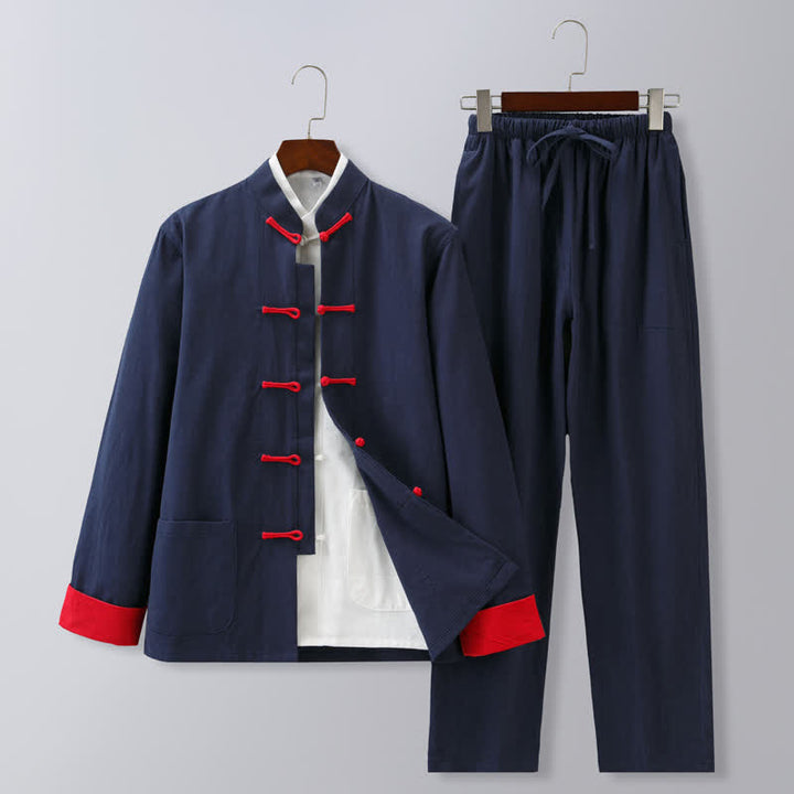 Buddha Stones Fall Winter Tang Style Meditation Mandarin Collar Frog Button Solid Cotton Linen Men's Meditation Cloth Set - Navy Blue Red Buttons - US/UK/AU46，EU56 (5XL) - image 0