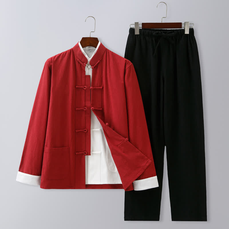 Buddha Stones Fall Winter Tang Style Meditation Mandarin Collar Frog Button Solid Cotton Linen Men's Meditation Cloth Set - Red White Sleeves Black Pants - US/UK/AU46，EU56 (5XL) - image 12