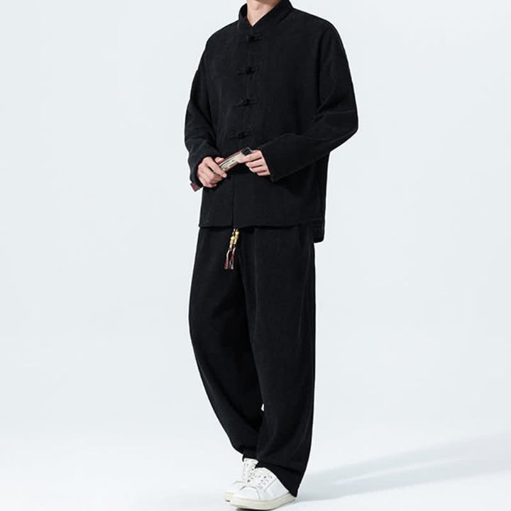 Buddha Stones 2Pcs Fall Winter Tang Style Casual Mandarin Collar Frog Button Solid Corduroy Men's Meditation Cloth With Pockets - image 14