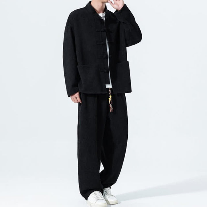 Buddha Stones 2Pcs Fall Winter Tang Style Casual Mandarin Collar Frog Button Solid Corduroy Men's Meditation Cloth With Pockets - image 10