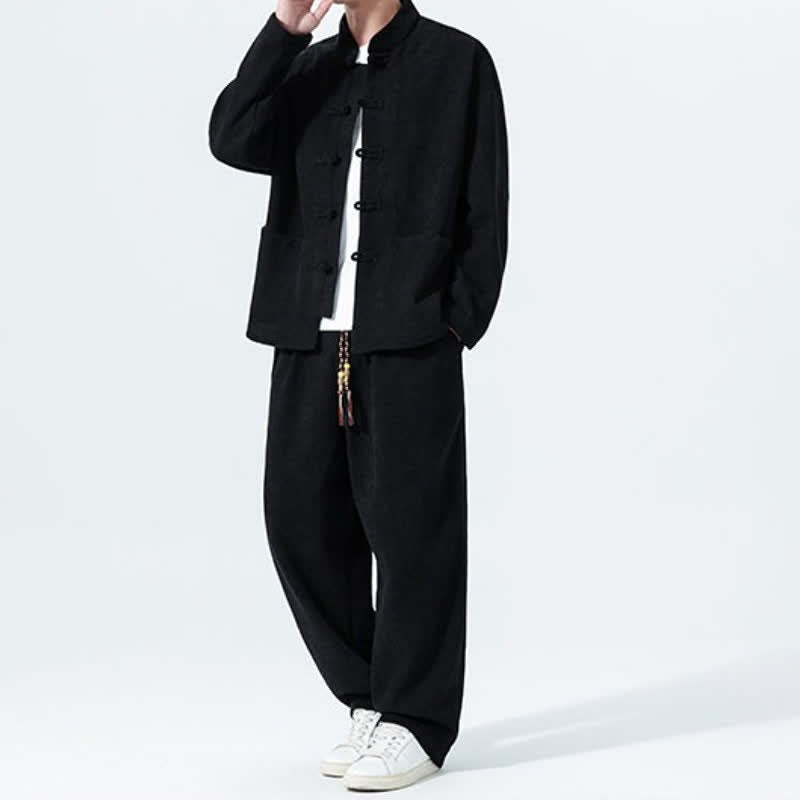 Buddha Stones 2Pcs Fall Winter Tang Style Casual Mandarin Collar Frog Button Solid Corduroy Men's Meditation Cloth With Pockets - Black - US/UK/AU46，EU56 (5XL) - image 9