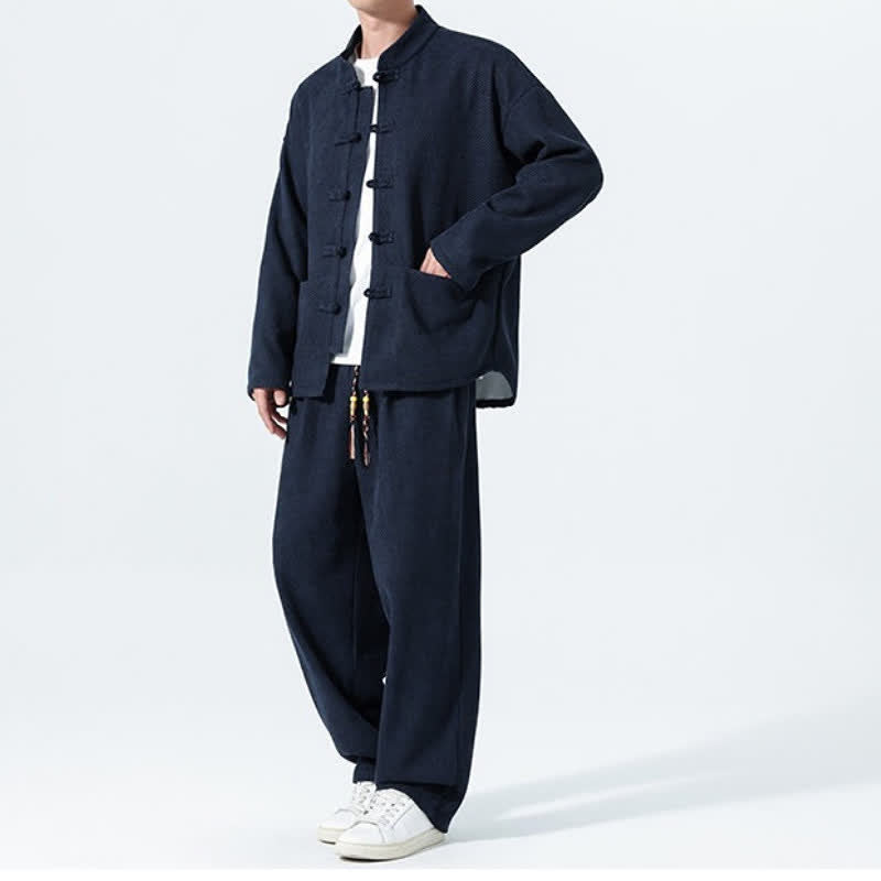 Buddha Stones 2Pcs Fall Winter Tang Style Casual Mandarin Collar Frog Button Solid Corduroy Men's Meditation Cloth With Pockets - image 22