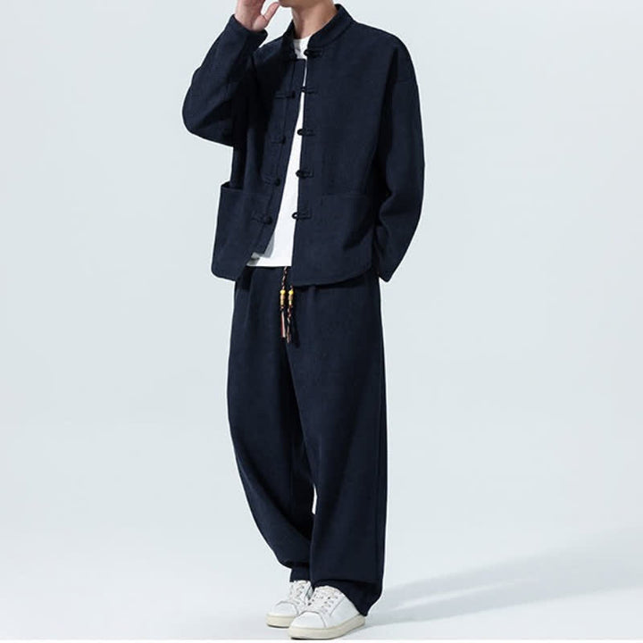 Buddha Stones 2Pcs Fall Winter Tang Style Casual Mandarin Collar Frog Button Solid Corduroy Men's Meditation Cloth With Pockets - image 20