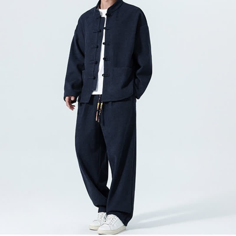 Buddha Stones 2Pcs Fall Winter Tang Style Casual Mandarin Collar Frog Button Solid Corduroy Men's Meditation Cloth With Pockets - image 21