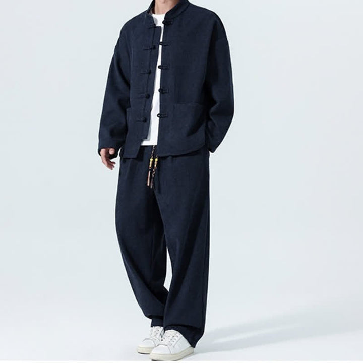 Buddha Stones 2Pcs Fall Winter Tang Style Casual Mandarin Collar Frog Button Solid Corduroy Men's Meditation Cloth With Pockets - image 21