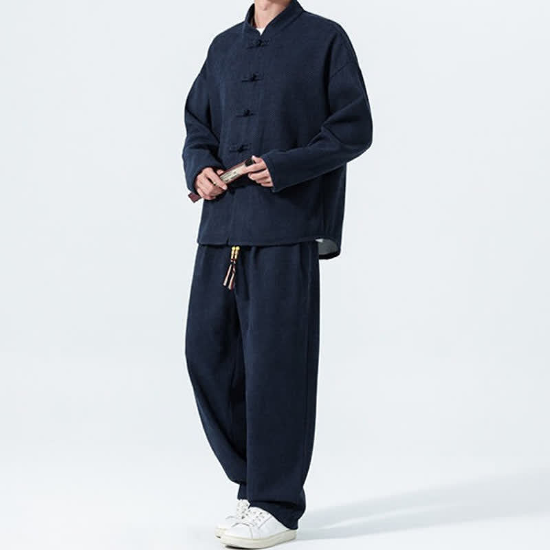 Buddha Stones 2Pcs Fall Winter Tang Style Casual Mandarin Collar Frog Button Solid Corduroy Men's Meditation Cloth With Pockets - image 19