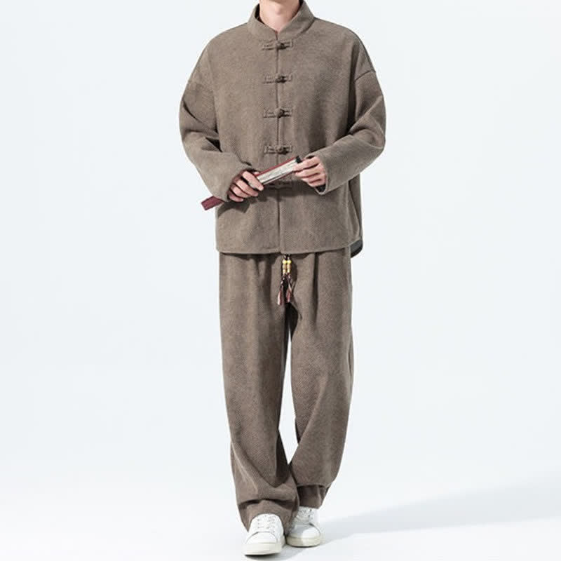 Buddha Stones 2Pcs Fall Winter Tang Style Casual Mandarin Collar Frog Button Solid Corduroy Men's Meditation Cloth With Pockets - image 6