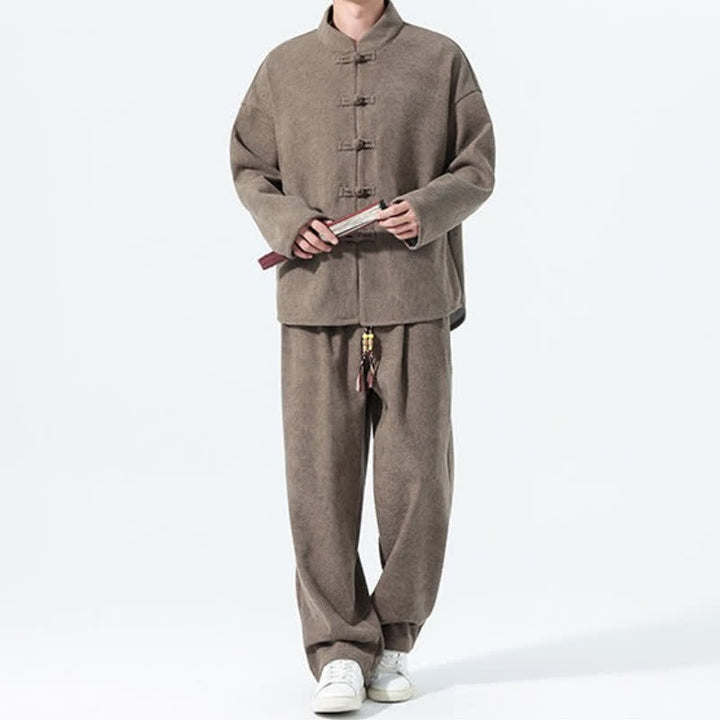 Buddha Stones 2Pcs Fall Winter Tang Style Casual Mandarin Collar Frog Button Solid Corduroy Men's Meditation Cloth With Pockets - image 6