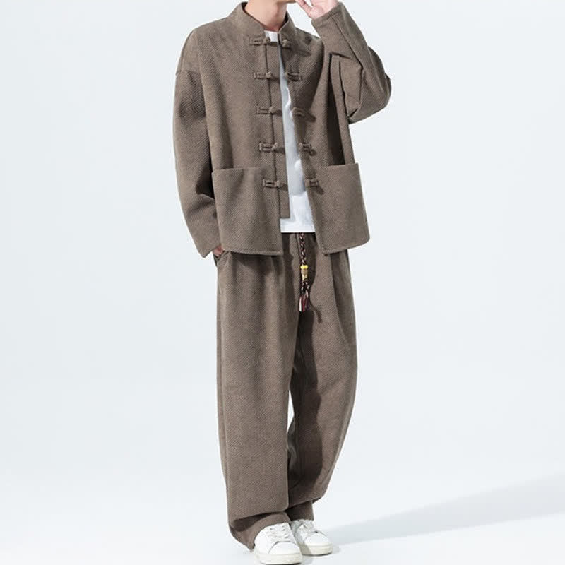 Buddha Stones 2Pcs Fall Winter Tang Style Casual Mandarin Collar Frog Button Solid Corduroy Men's Meditation Cloth With Pockets - image 2
