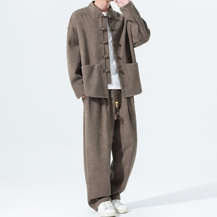 Buddha Stones 2Pcs Fall Winter Tang Style Casual Mandarin Collar Frog Button Solid Corduroy Men's Meditation Cloth With Pockets - image 2