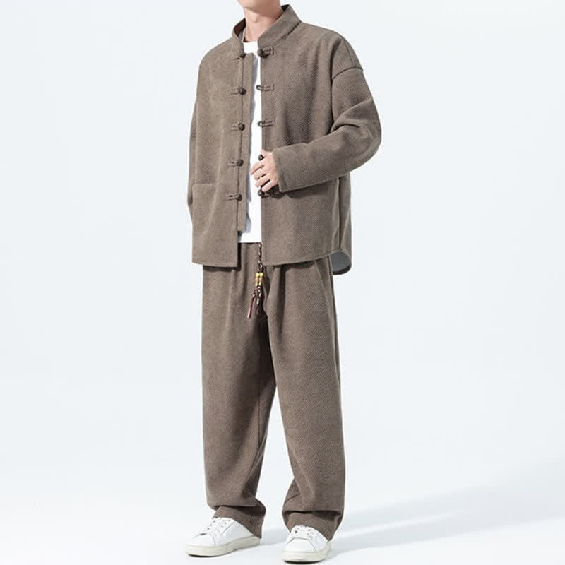 Buddha Stones 2Pcs Fall Winter Tang Style Casual Mandarin Collar Frog Button Solid Corduroy Men's Meditation Cloth With Pockets - image 1