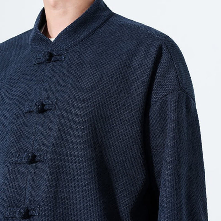 Buddha Stones 2Pcs Fall Winter Tang Style Casual Mandarin Collar Frog Button Solid Corduroy Men's Meditation Cloth With Pockets - image 26