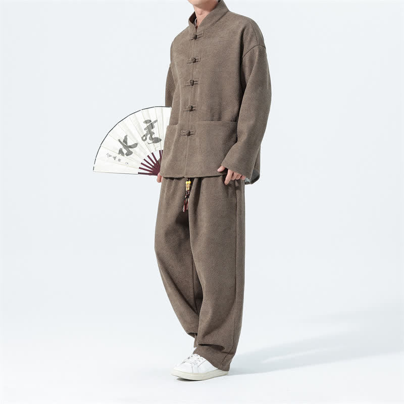 Buddha Stones 2Pcs Fall Winter Tang Style Casual Mandarin Collar Frog Button Solid Corduroy Men's Meditation Cloth With Pockets - Tan - US/UK/AU46，EU56 (5XL) - image 0