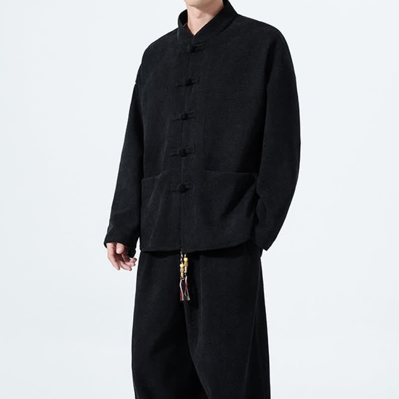 Buddha Stones 2Pcs Fall Winter Tang Style Casual Mandarin Collar Frog Button Solid Corduroy Men's Meditation Cloth With Pockets - image 16