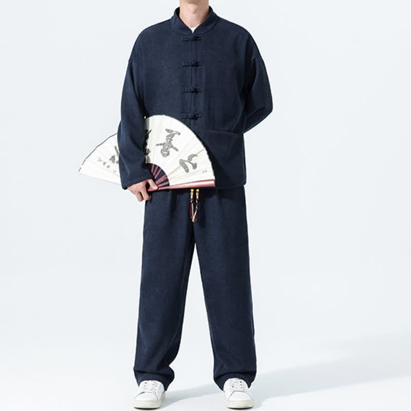 Buddha Stones 2Pcs Fall Winter Tang Style Casual Mandarin Collar Frog Button Solid Corduroy Men's Meditation Cloth With Pockets - image 18