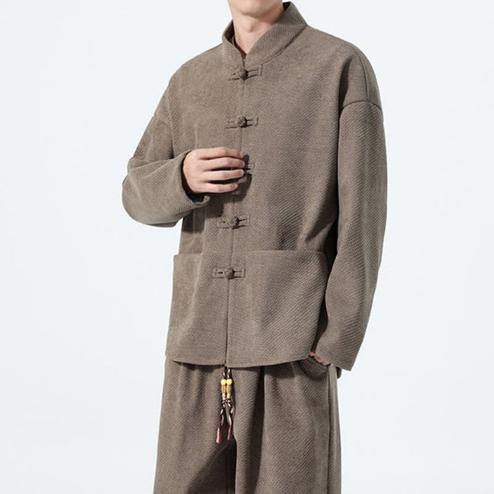 Buddha Stones 2Pcs Fall Winter Tang Style Casual Mandarin Collar Frog Button Solid Corduroy Men's Meditation Cloth With Pockets - image 8