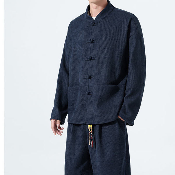 Buddha Stones 2Pcs Fall Winter Tang Style Casual Mandarin Collar Frog Button Solid Corduroy Men's Meditation Cloth With Pockets - image 24