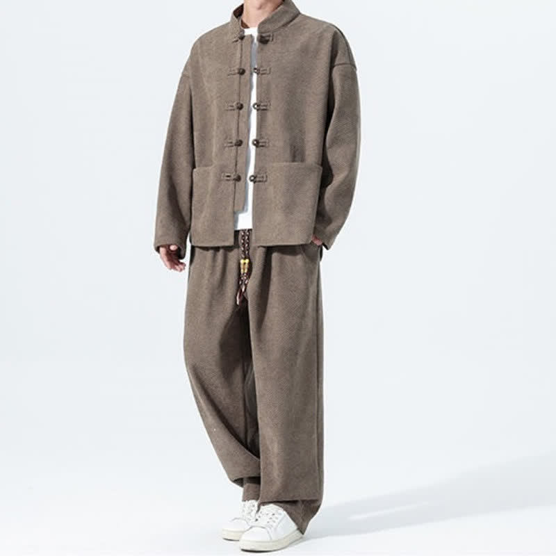 Buddha Stones 2Pcs Fall Winter Tang Style Casual Mandarin Collar Frog Button Solid Corduroy Men's Meditation Cloth With Pockets - image 7