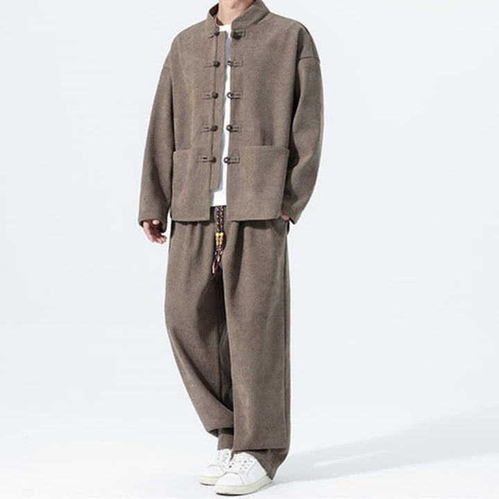 Buddha Stones 2Pcs Fall Winter Tang Style Casual Mandarin Collar Frog Button Solid Corduroy Men's Meditation Cloth With Pockets - image 7