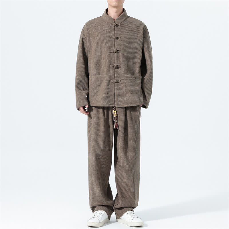 Buddha Stones 2Pcs Fall Winter Tang Style Casual Mandarin Collar Frog Button Solid Corduroy Men's Meditation Cloth With Pockets - image 4