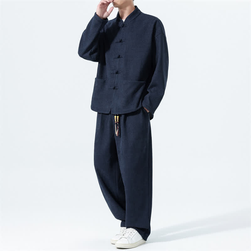 Buddha Stones 2Pcs Fall Winter Tang Style Casual Mandarin Collar Frog Button Solid Corduroy Men's Meditation Cloth With Pockets - MidnightBlue - US/UK/AU46，EU56 (5XL) - image 17