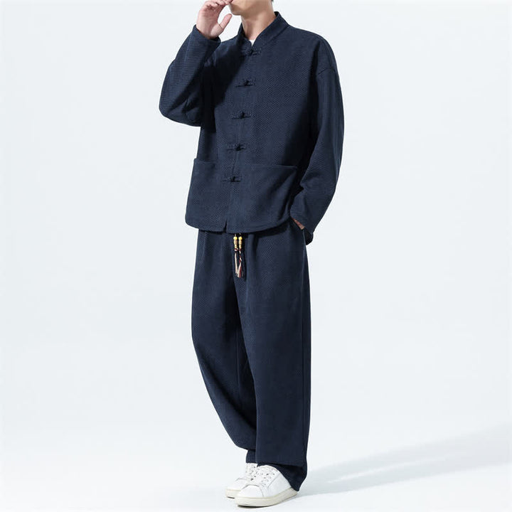 Buddha Stones 2Pcs Fall Winter Tang Style Casual Mandarin Collar Frog Button Solid Corduroy Men's Meditation Cloth With Pockets - MidnightBlue - US/UK/AU46，EU56 (5XL) - image 17