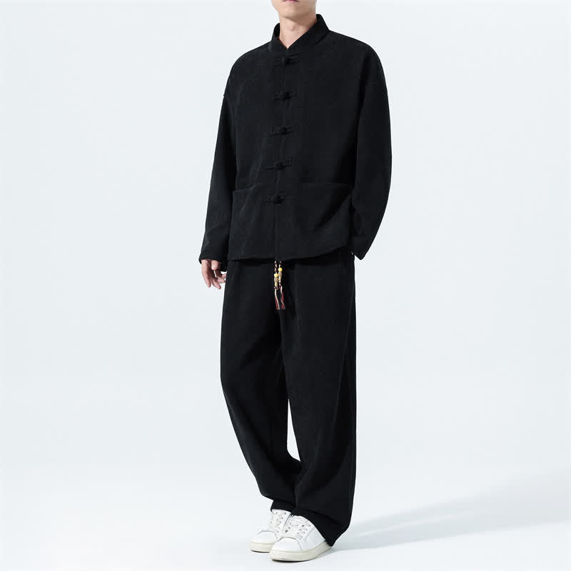 Buddha Stones 2Pcs Fall Winter Tang Style Casual Mandarin Collar Frog Button Solid Corduroy Men's Meditation Cloth With Pockets - image 11