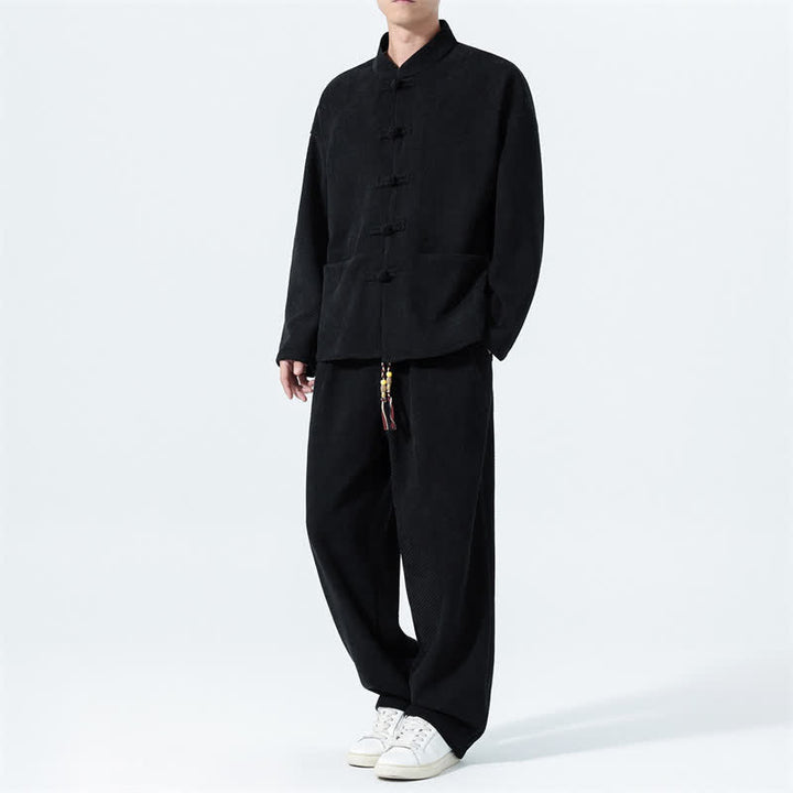 Buddha Stones 2Pcs Fall Winter Tang Style Casual Mandarin Collar Frog Button Solid Corduroy Men's Meditation Cloth With Pockets - image 11