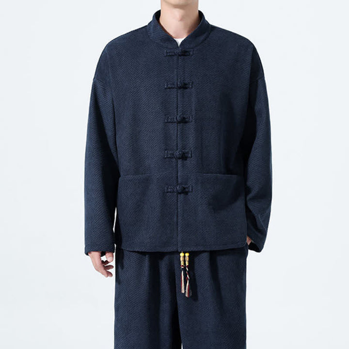 Buddha Stones 2Pcs Fall Winter Tang Style Casual Mandarin Collar Frog Button Solid Corduroy Men's Meditation Cloth With Pockets - image 23