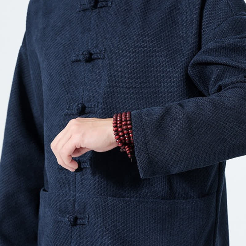 Buddha Stones 2Pcs Fall Winter Tang Style Casual Mandarin Collar Frog Button Solid Corduroy Men's Meditation Cloth With Pockets - image 27