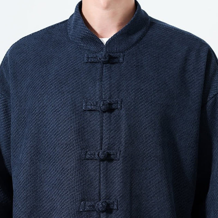 Buddha Stones 2Pcs Fall Winter Tang Style Casual Mandarin Collar Frog Button Solid Corduroy Men's Meditation Cloth With Pockets - image 25