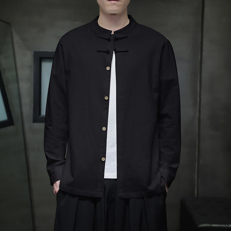 Buddha Stones Spring Tang Style Minimalist Frog Button Solid Men's Long Sleeve Shirts - image 18