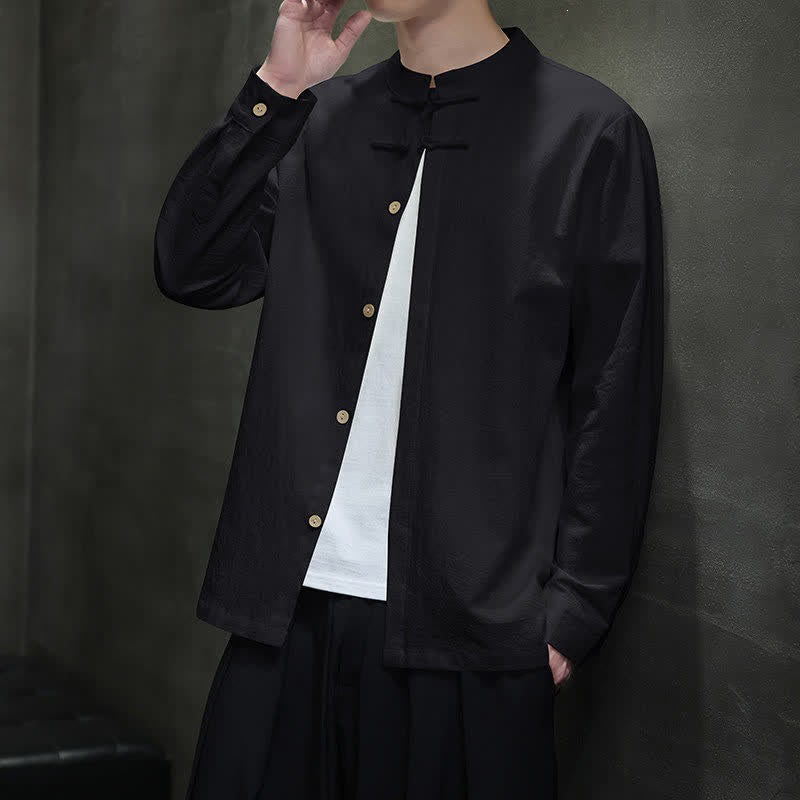 Buddha Stones Spring Tang Style Minimalist Frog Button Solid Men's Long Sleeve Shirts - Black - US/UK/AU46，EU56 (5XL) - image 14