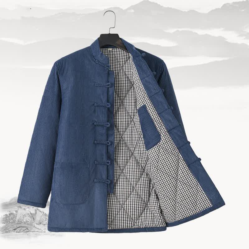 Buddha Stones Fall Winter Vintage Tang Style Frog Button Solid Corduroy Men's Jacket With Pockets - CornflowerBlue - US/UK/AU44，EU54 (4XL) - image 0