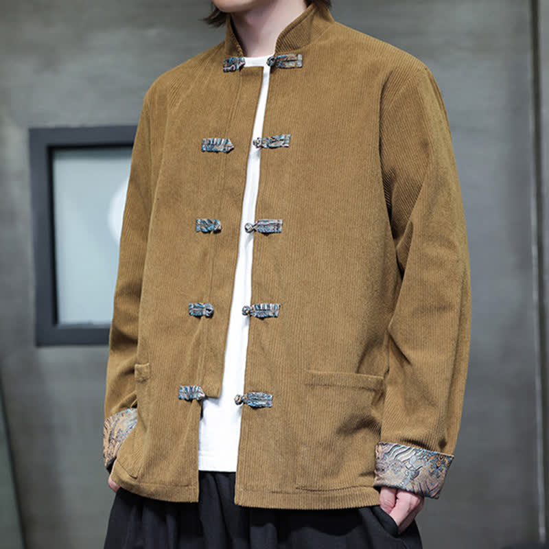 Buddha Stones Fall Winter Casual Retro Tang Style Mandarin Collar Solid Corduroy Men's Jackets With Pocket - image 7