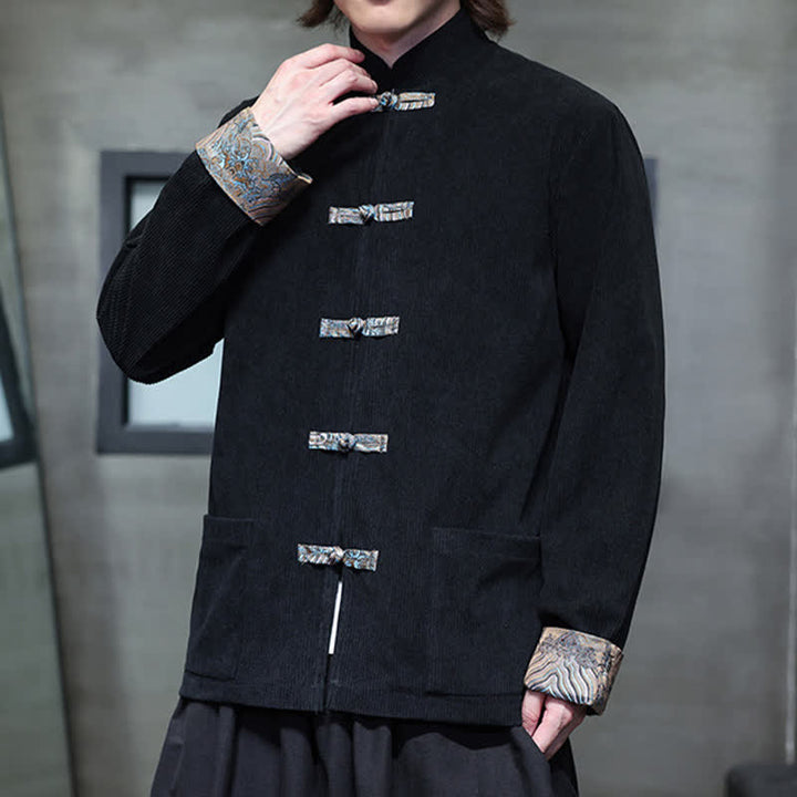 Buddha Stones Fall Winter Casual Retro Tang Style Mandarin Collar Solid Corduroy Men's Jackets With Pocket - image 17