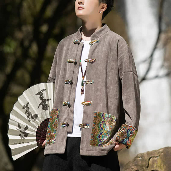 Buddha Stones Fall Winter Casual Tang Style Frog Button Solid Men's Jacket With Colorful Pockets - image 20