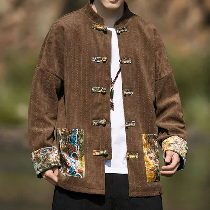 Buddha Stones Fall Winter Casual Tang Style Frog Button Solid Men's Jacket With Colorful Pockets - image 8