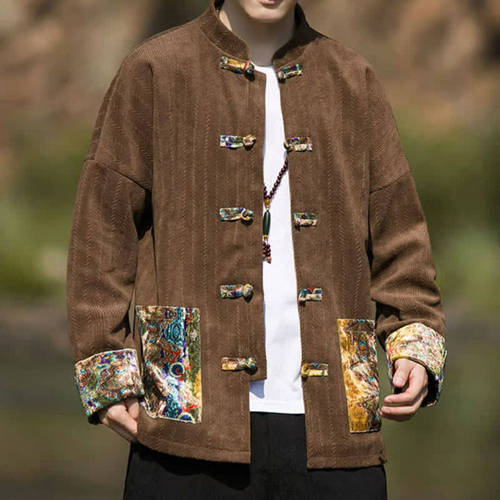 Buddha Stones Fall Winter Casual Tang Style Frog Button Solid Men's Jacket With Colorful Pockets - image 8