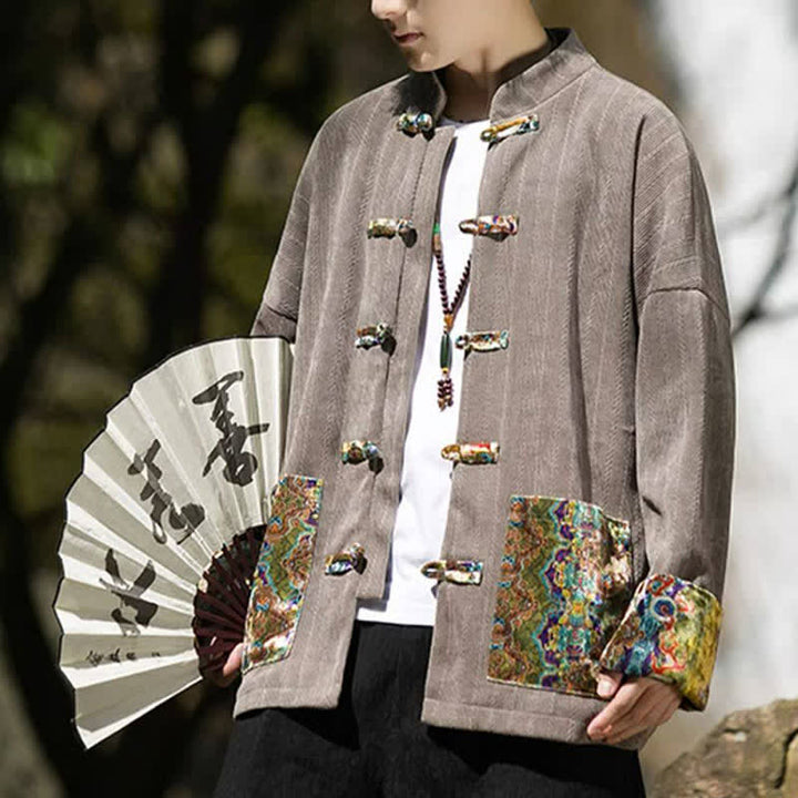 Buddha Stones Fall Winter Casual Tang Style Frog Button Solid Men's Jacket With Colorful Pockets - image 22