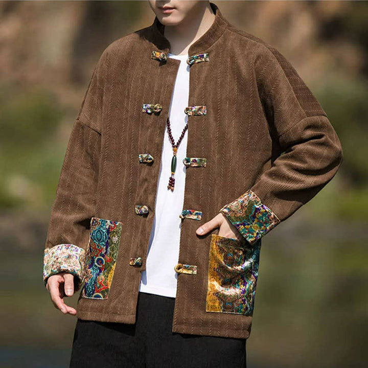 Buddha Stones Fall Winter Casual Tang Style Frog Button Solid Men's Jacket With Colorful Pockets - image 6
