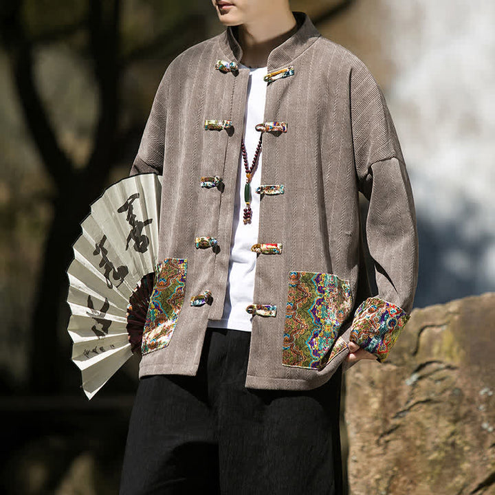 Buddha Stones Fall Winter Casual Tang Style Frog Button Solid Men's Jacket With Colorful Pockets - image 21