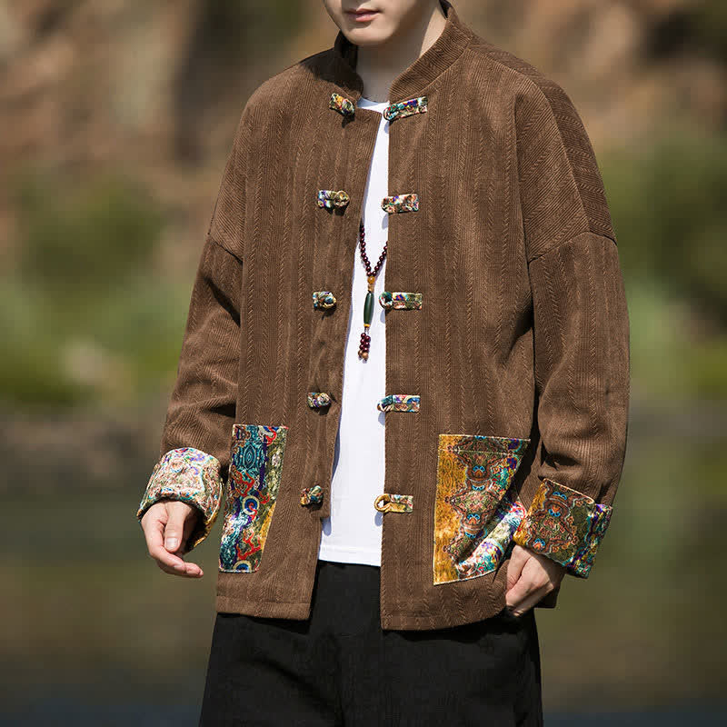 Buddha Stones Fall Winter Casual Tang Style Frog Button Solid Men's Jacket With Colorful Pockets - image 5