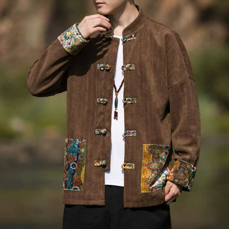 Buddha Stones Fall Winter Casual Tang Style Frog Button Solid Men's Jacket With Colorful Pockets - image 1