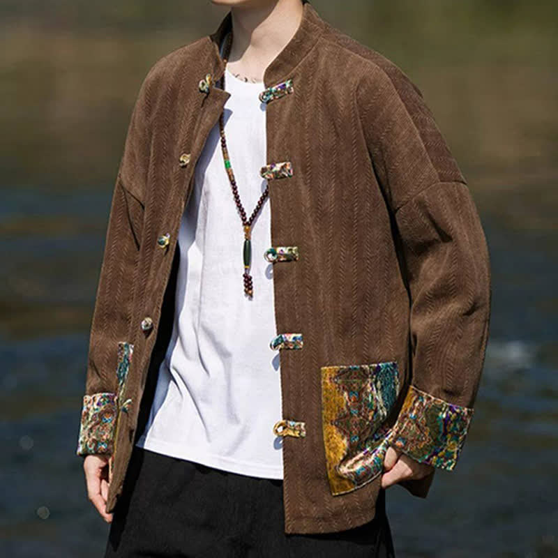 Buddha Stones Fall Winter Casual Tang Style Frog Button Solid Men's Jacket With Colorful Pockets - image 2
