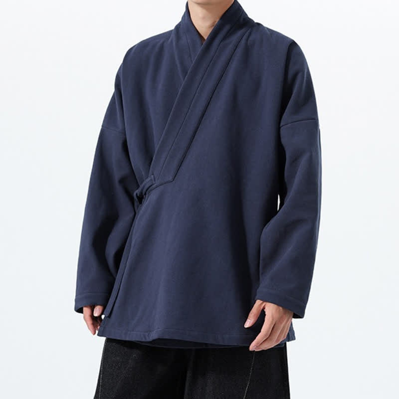 Buddha Stones Fall Winter Tang Style Minimalist Drawstring Solid Thickened Men's Kimono - image 4