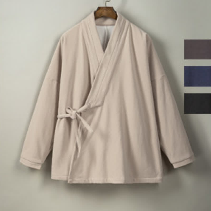 Buddha Stones Fall Winter Tang Style Minimalist Drawstring Solid Thickened Men's Kimono - image 34