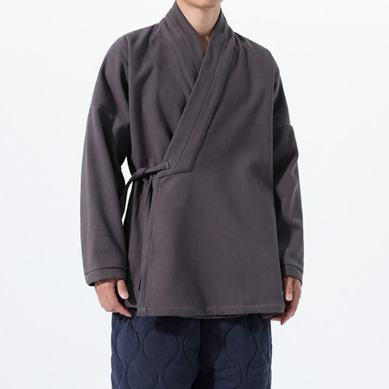 Buddha Stones Fall Winter Tang Style Minimalist Drawstring Solid Thickened Men's Kimono - DarkSlateGray - US/UK/AU46，EU56 (5XL) - image 20